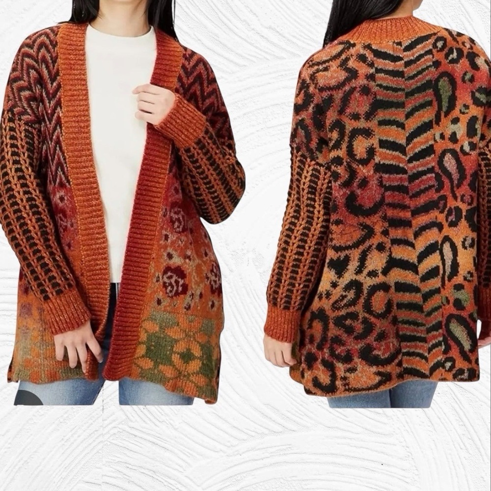 NWT Desigual Small Arezzo Chunky Cardigan Sweater Soft Comfy Rust Boho Abstract